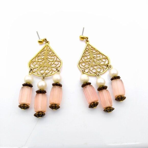 Vintage Czech Glass Chandelier Earrings, Faceted Pink Satin Atlas Glass Beads Dr - Picture 1 of 4